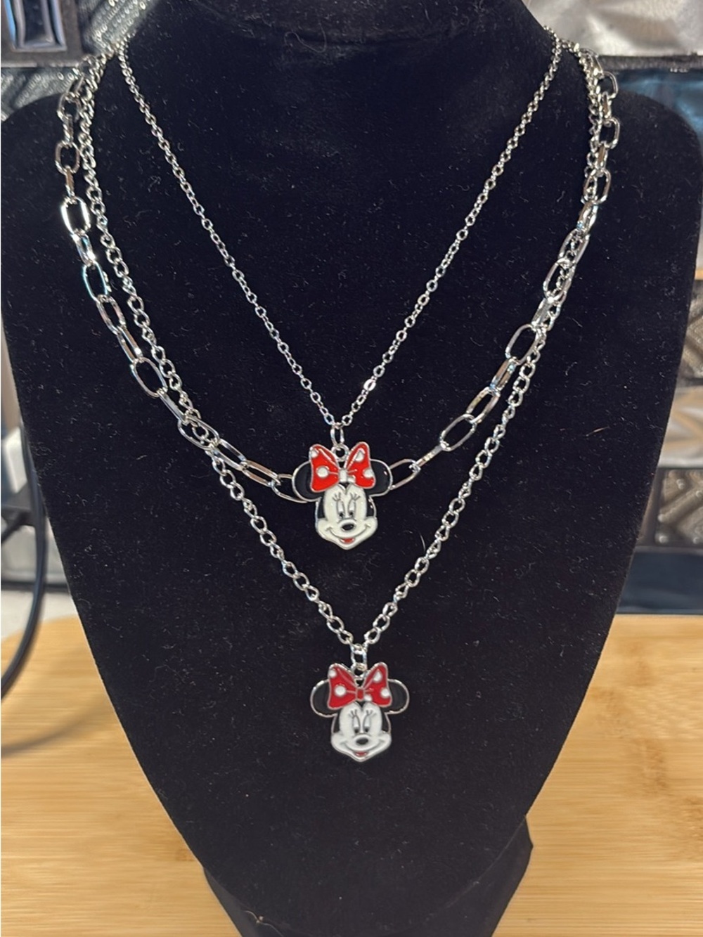 Layered Silver Necklace with Red Bow Minnie-Style Pendants - Women Jewelry